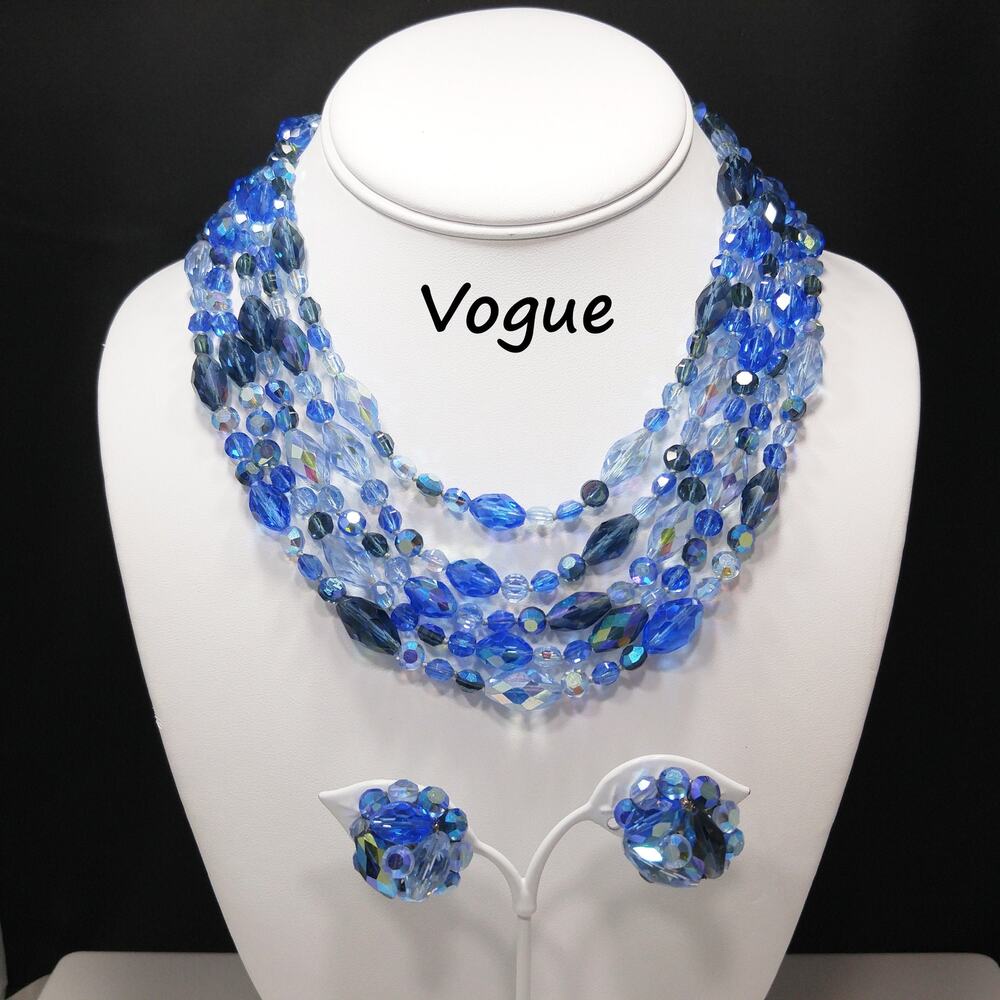 Vogue Blue Crystal Necklace & Earrings Set, Aurora Borealis, 1960s Vintage